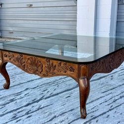 Solid Wood Carved Coffee Table w/ Thick Tempered Glass Top