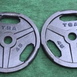 PAIR  OF  45 LB.  TSA  EASY  GRIP  OLYMPIC  PLATES