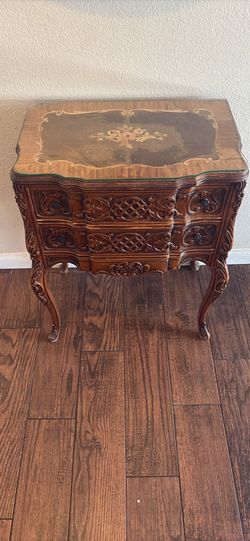 Vintage French Provincial Carved Wood Nightstand with Floral Inlay