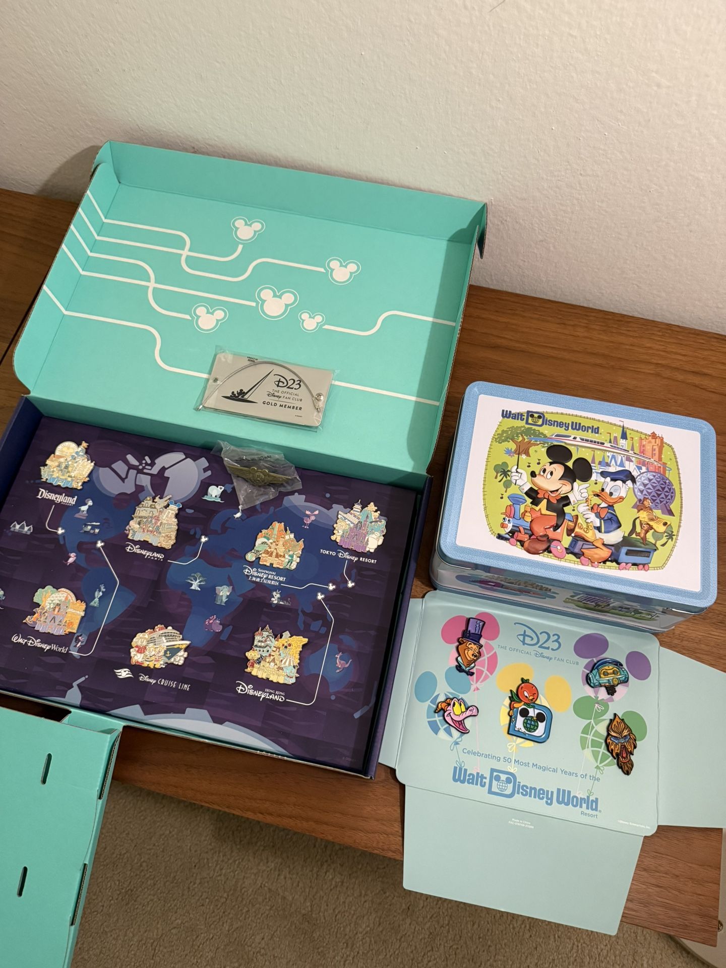 Disney D23 Pins, Lunchbox, Luggage Tag, And Vinyl 