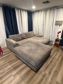 Gray Corduroy Sectional Sofa with Ottoman