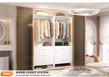 4FT Wood Closet Systems with Hanging Rods Walk-in Closet Organizer with 6 Drawers Set of 2 White