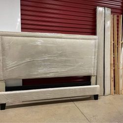 Cream Color Velvet Studded Upholstered King Bed Frame
