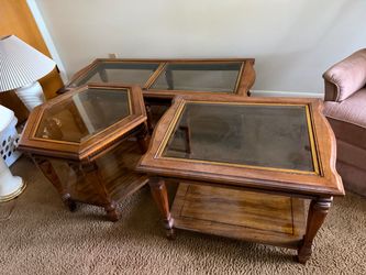 Vintage 3-Piece Wood & Glass Coffee & End Table Set – Excellent Condition
