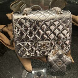 New CHANEL 2024 Cruise Star Pouch Metallic Matelassé Double Shoulder Bag Silver