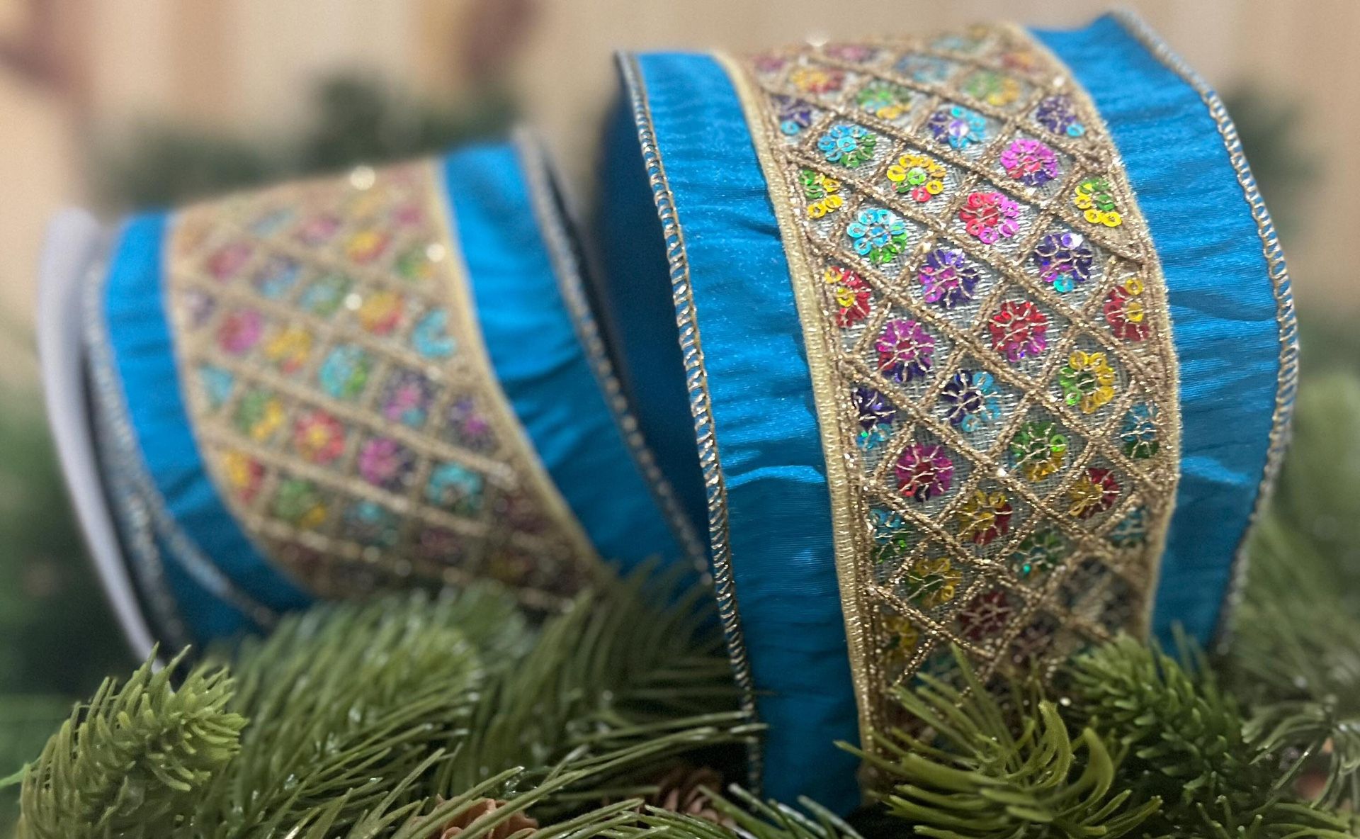 4 in Multi Sequin Diamond Trim Blue Dupion Wired Christmas Ribbon Holiday Crafts