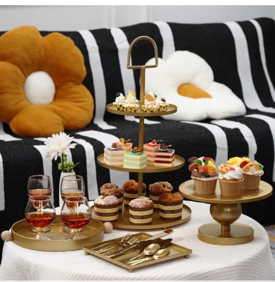 Gold Cake Stand Flatware Set Decorative Desserts Display