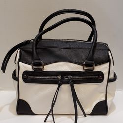 Express Black And White Satchel With Front Dual Zipper Pockets