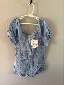 Light Blue Smocked Puff Sleeve Top