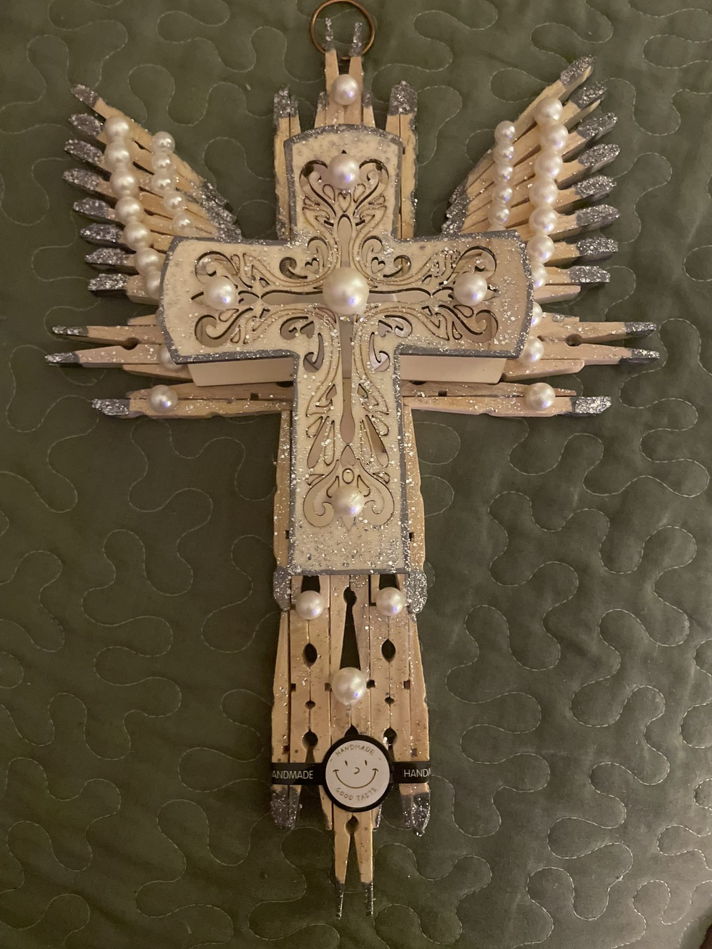 Grey Wingd Handmade Clothespin Cross
