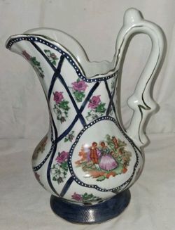 Vintage Limoges Style Courting Couple Porcelain Ewer Pitcher Blue Lattice Floral