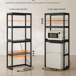 HOME Kitchen Bakers Rack with Power Outlet, 4-Tier Coffee Bar Table with Adjustable Shelf, Mini Fridge Shelf, Microwave Stand, 15.7 x 23.6 x 66.9 Inch