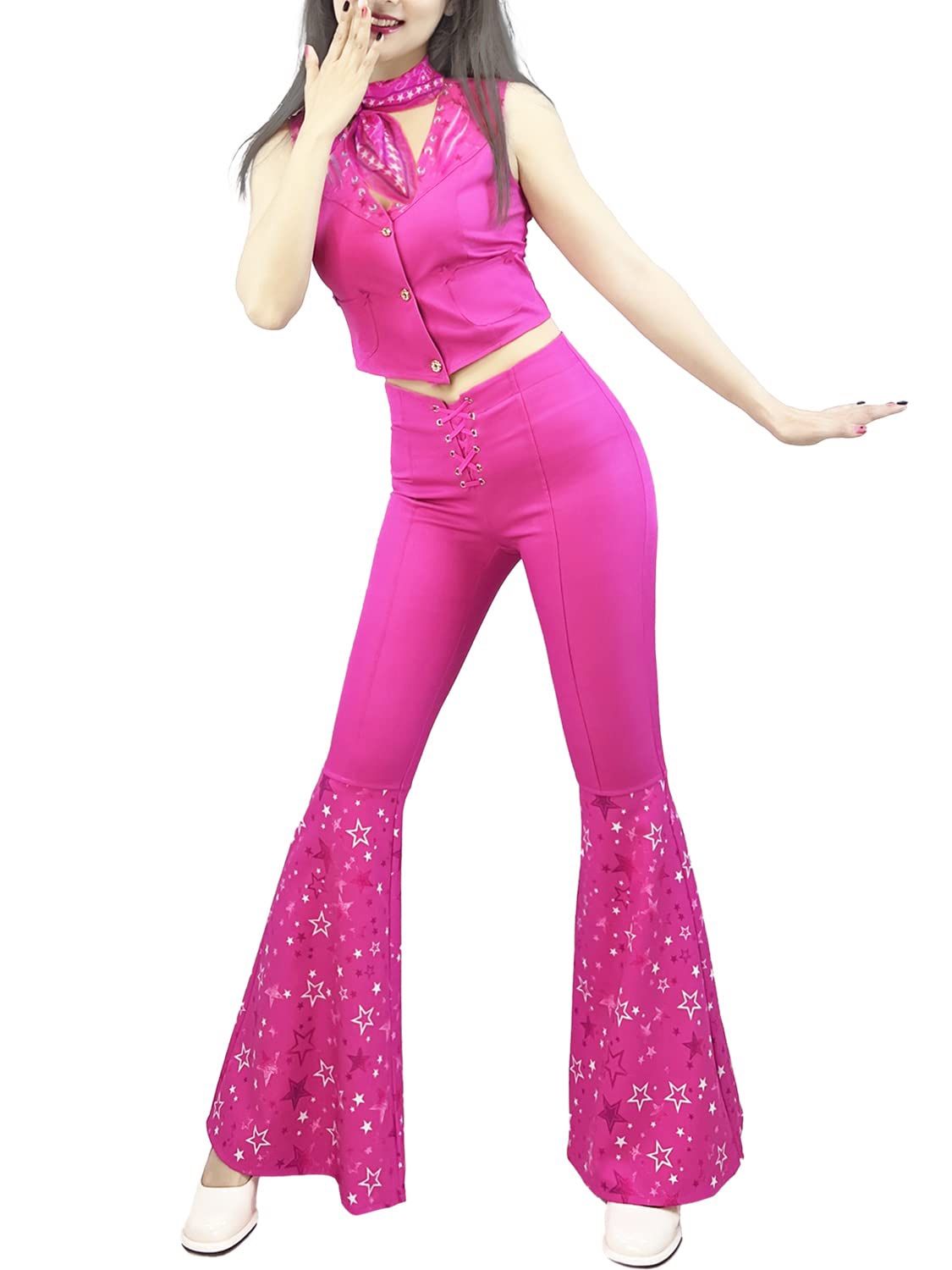 aywig Cowgirl Outfit 70s 80s Hippie Disco Costume Pink Flare Pant Halloween Cosplay For Women Girls Small