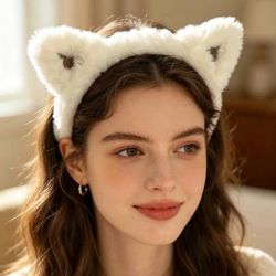 New White Plush Kitty Cat Ears Headband Costume Accessory