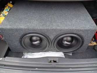 Car sound system 2 12s sundowns sa classic subs in a custom built 31 hz tuned enclosure a 3200.1 amp for them and a Orion 1500.2 amp for door speakers