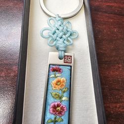KOREAN TASSEL KNOT, FLORAL EMBROIDERED HAND SEWN KEYCHAIN, RING, FOB. EUC