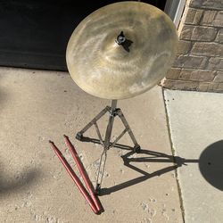 Vintage Italian Cymbal, Stand And Drumsticks