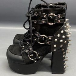 DEMONIA CHARADE-100  Demonia Women's Black Charade Faux Leather Spiked/Studded Zip Heeled Boots Sz 6  • 41/2" (114mm) Block Heel • 2" (51mm) Platform 