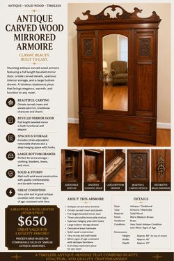 Antique Carved Wood Mirrored Armoire