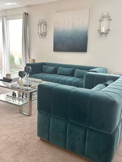 Teal Velvet Tufted Sectional Sofa