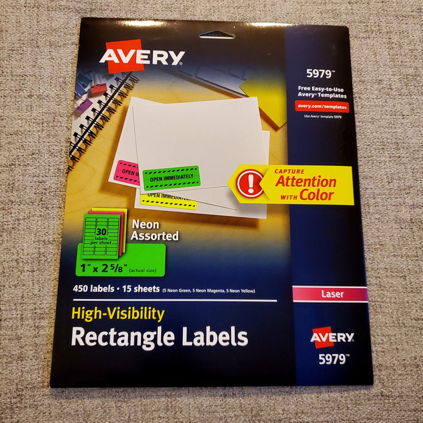 Avery 5979 Neon Laser Address Labels, 1" X 2-5/8", Assorted Colors, 450/Box
