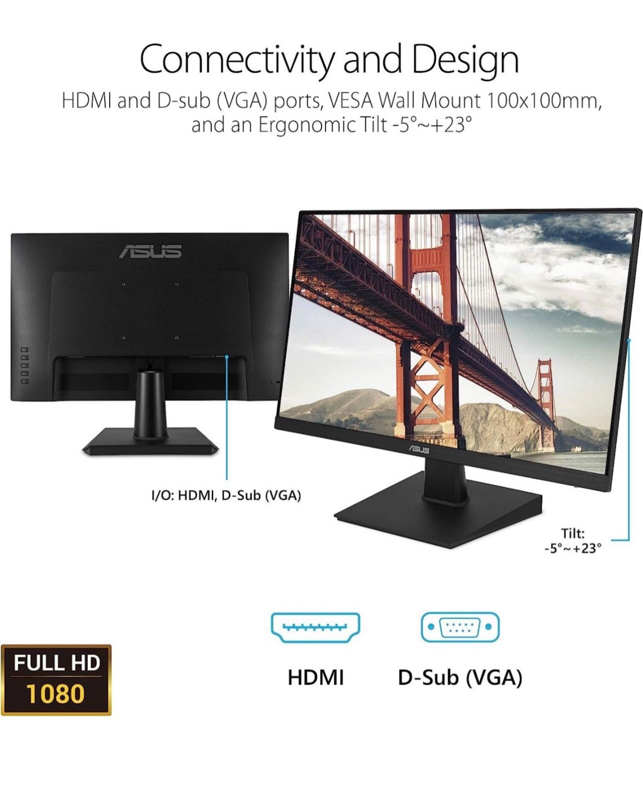 Asus ASUS VA24DQ Monitor de 23.8 pulgadas, 1080P Full HD, 75Hz, IPS, sincronización adaptativa/FreeSync, cuidado de los ojos, HDMI DisplayPort VGA, si