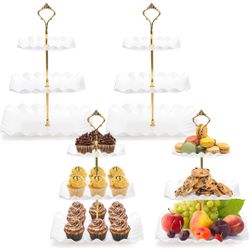 4 Pack 3 Tier Plastic Cupcake Stand, White Square Dessert Tiered Serving Stand, Cake Pastry Display Tower Tray Platter Holder for Buffet, Cookie, Frui