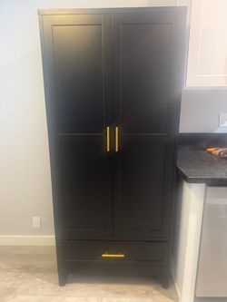 Dark metal Armoire with Gold Hardware