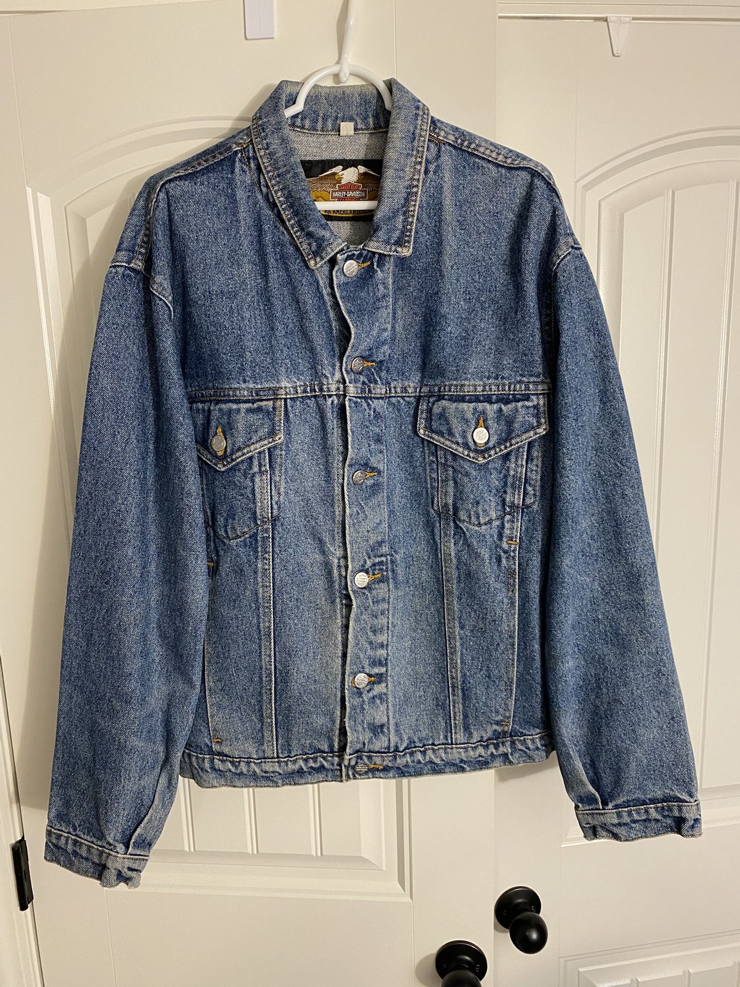 Vintage Harley Davidson Men’s Denim Jacket Size XL; Embroidered Born in the USA Flag & Eagle