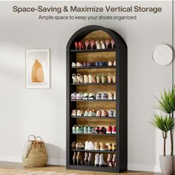 J0394 Shoe Storage Cabinet, 8-Tier Tall Black Shoe Organizer Cabinet, Large Wooden Freestanding Shoe Rack for Closet Entryway