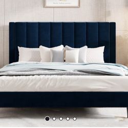 Blue Velvet Bed - Queen (with memory foam Matress) 