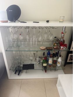 White Bar Cabinet with Glass Shelves