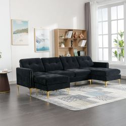 Lubbock 110.6" U-Shaped Convertible Velvet Sectional Sofa with Ottoman,Black