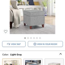 Adeco 17’’ Square Ottoman with Storage- Small Storage Ottoman Foot Rest with Hinged Lid- Light Gray Faux Linen Fabric Upholstered Footstool with Sturd