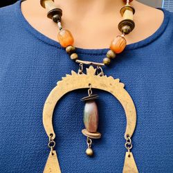  Vintage Handmade African Tribal Ethnic Solid Brass & Stone Beaded Necklace 19” L