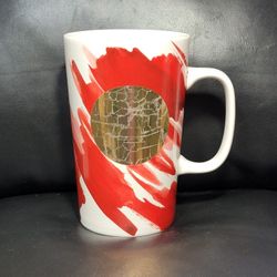 2014 Starbucks Coffee Mug White Red Paint Abstract Gold Circle Dot Tall Cup 16 oz