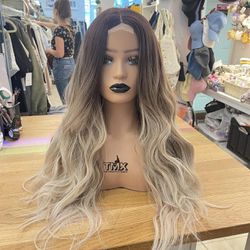 Human hair blend lace front ash blonde with dark roots wavy wig.