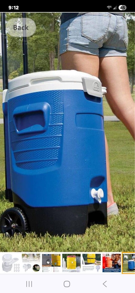 5 gallon portable Igloo drink beverage water cooler on wheels dolly handle beach boat sports