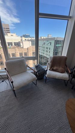 (2) West Elm Ross Accent Chairs – Ivory Cozy Shearling, Walnut & Black – Retail $679+ each