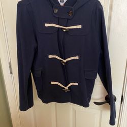 Really Nice Ladies Size Large Tommy Hilfiger Navy Blue Toggle Coat with Hood