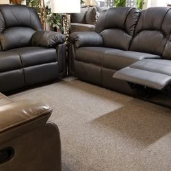 Brand New Black Bonded Leather Manual Reclining Sofa + Loveseat 2PCs Set