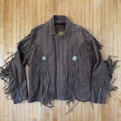VTG 80s/90s Force Leatherwear Western Motorcycle Brown Fringe Jacket Sz. XL/XXL