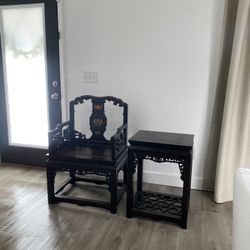 Chinese Carved Chair And Side Table 