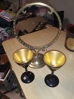 Antique victorian brass mirror frame and cups