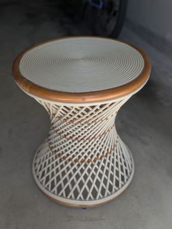 White Rattan Accent Table – Spool Shape, Wood Trim, 20"x20"x23"