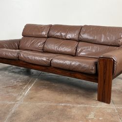 Mid Century 1960s Scandinavian Leather Rosewood Sofa