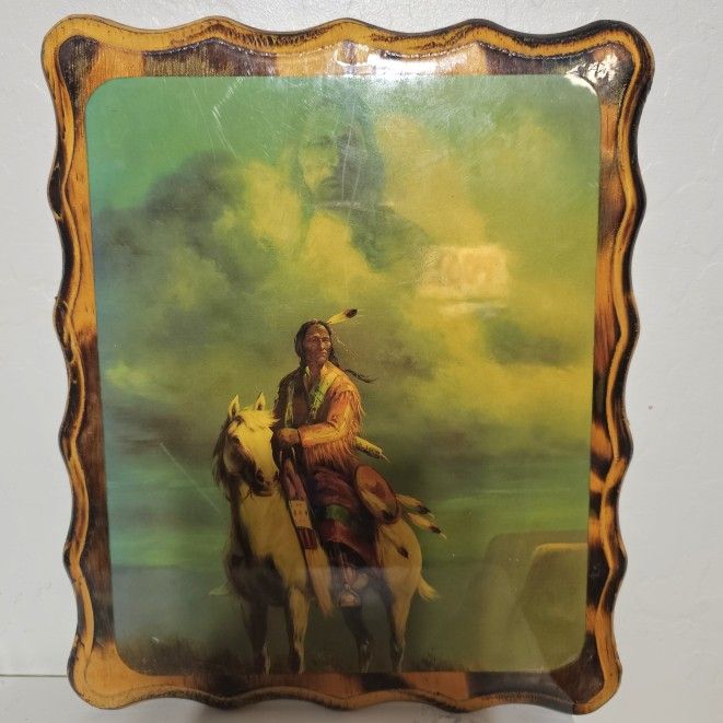 Vintage Native American Indian Warrior Wall Plaque Lacquered Wood 9.5x11.5 Inch