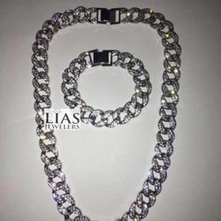 New 18k White Gold Cuban Link Chain And Bracelet 