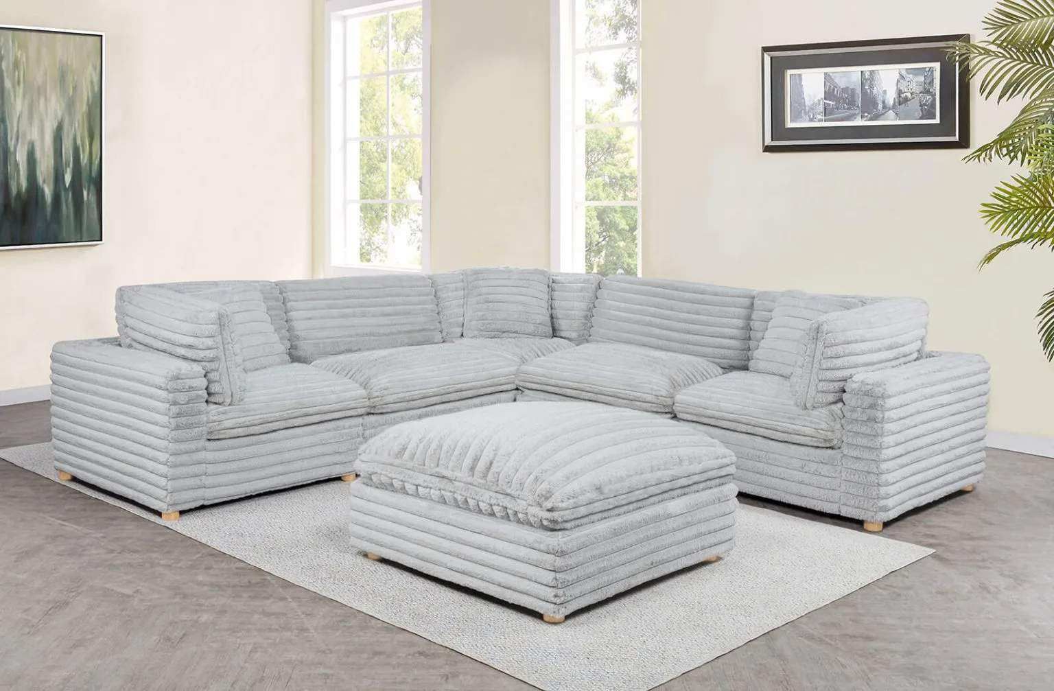 Large Sectional Sofa With Ottoman / Soft Corduroy / Black Grey Beige