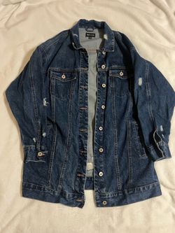 Dark Blue Long Distressed Jean Jacket Size Large